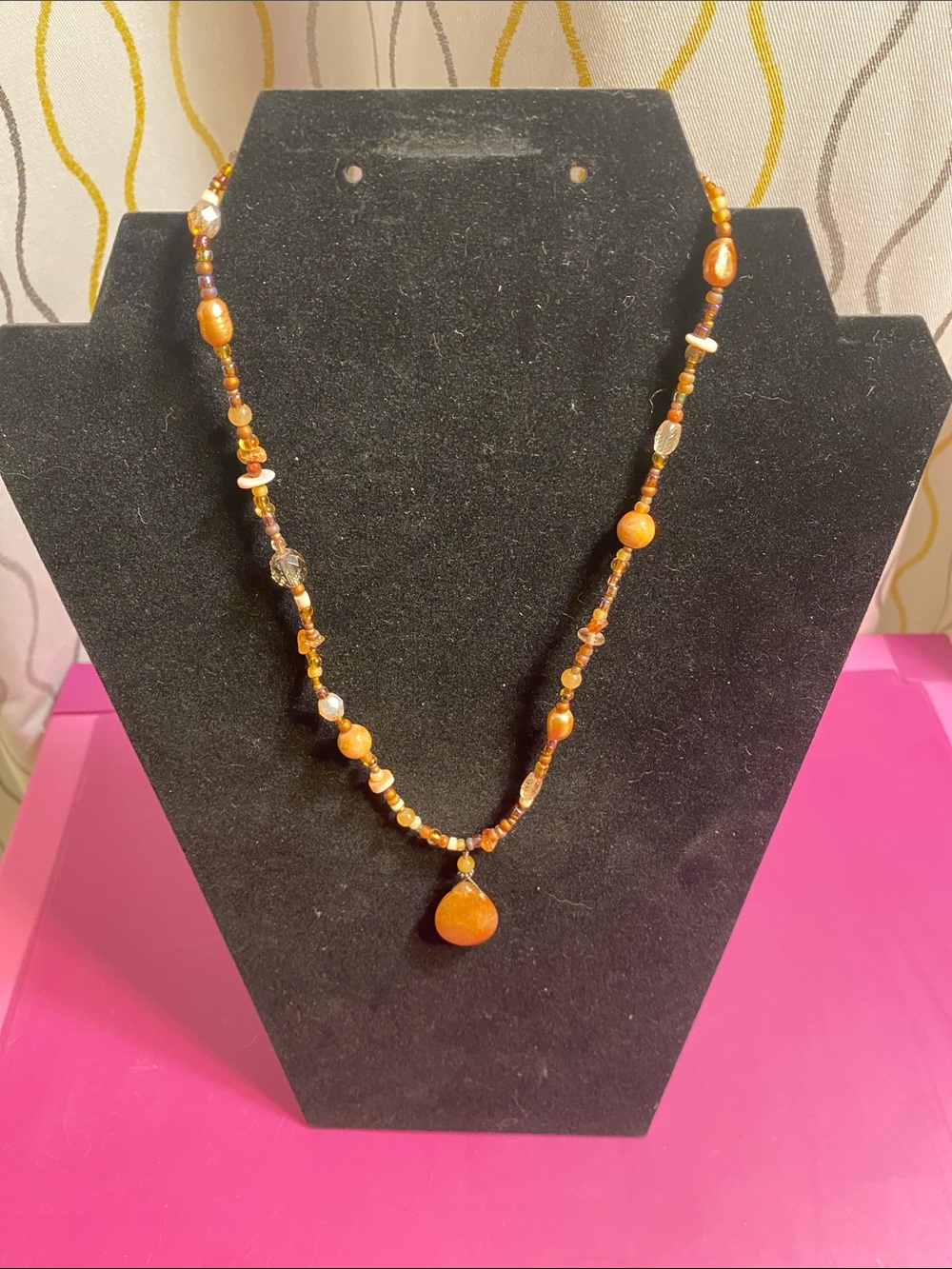 Handmade Earth Tone Beaded Necklace Amber Pendant Boho Artisan NWT